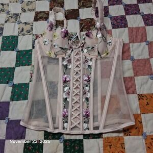 Victoria Secret Semi Sheer Corset Bra Womens Size XS Pink Floral Underwired